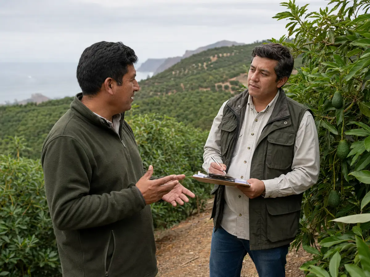 Productor conversando con un asesor agrícola sobre su proyecto