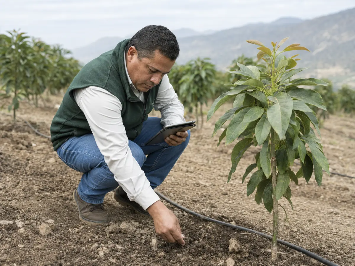 Técnico agrícola evaluando las necesidades de un cultivo de palto