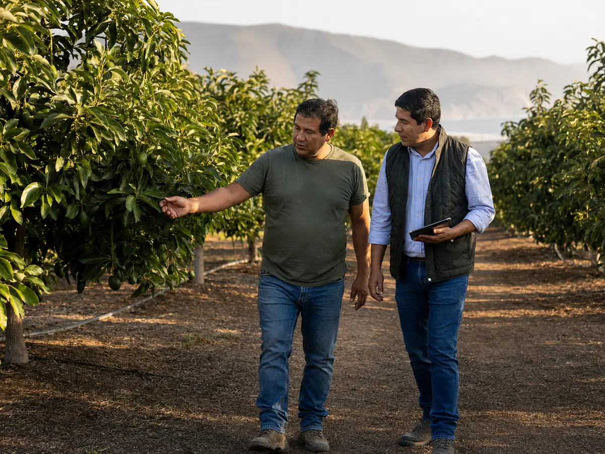 Productor y asesor acompañando el crecimiento de un cultivo de palto