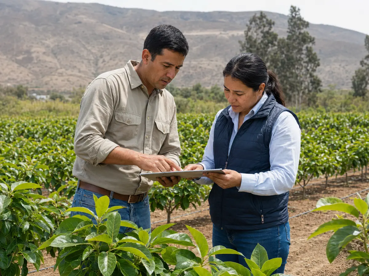 Agrónoma y productor revisando una propuesta técnica en campo