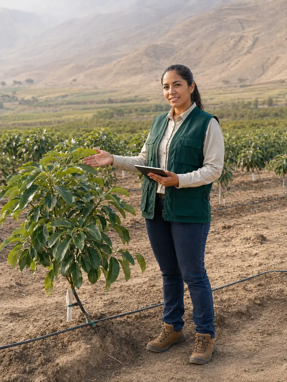 Ingeniera agrícola explicando el manejo técnico de una planta de palto
